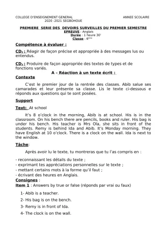 Première page de Anglais 6e, 5e, 4e, 4e ML, 3e, 3e ML, 2nde A2, 2nde B, 2nde D, 1ère A & B, 1ère A2, 1ère B, 1ère D, Tle A & B, Tle D — 1er devoir surveillé, 1er semestre (2020-2021) · CEG SEGBOHOUE