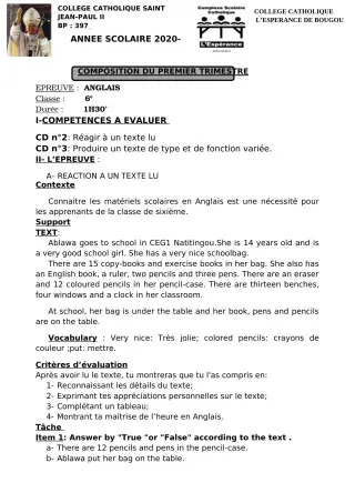 Première page de Anglais 6e, 5e, 4e, 4e ML, 3e, 3e ML, 2nde A1, 2nde A2, 2nde C, 2nde D, 1ère A1, 1ère A2, 1ère C, 1ère D, Tle A1, Tle A2, Tle C, Tle D — 1re composition, 1er trimestre (2020-2021) · CCJPII DJOUGOU