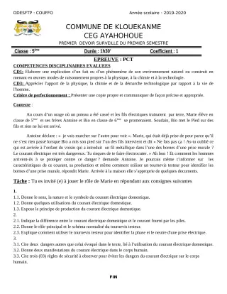 Première page de PCT 5e — 1er devoir surveillé, 1er semestre (2019-2020) · CEG AYAHOHOUE