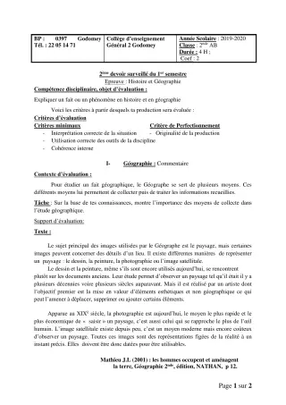 Première page de Histoire-Géographie 2nde A2, 2nde B, 2nde EFS — 2e devoir surveillé, 1er semestre (2019-2020) · CEG2 Godomey