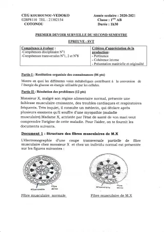 Première page de SVT 1ère A1, 1ère A2, 1ère B — 1er devoir surveillé, 2e semestre (2020-2021) · CEG Kouhounou-Vêdoko