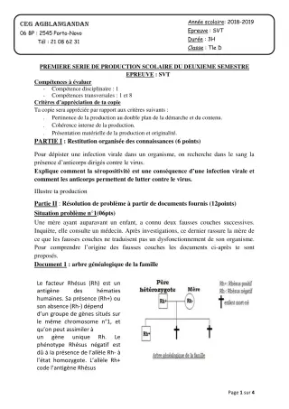 Première page de SVT Tle D — 1re production scolaire, 2e semestre (2018-2019) · CEG AGBLANGANDAN