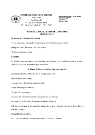 Première page de Espagnol 4e, 4e ML — Composition, 2e trimestre (2019-2020) · CPEG Frédéric Macaire