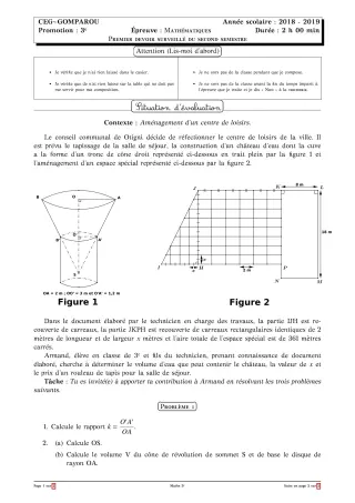 Première page de Mathématiques 3e — Composition (2018-2019) · CEG Gomparou