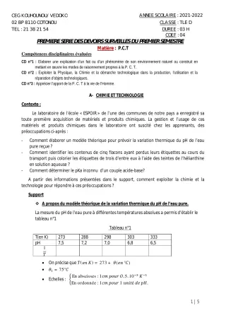 Première page de PCT Tle D — 1er devoir surveillé, 1er semestre (2021-2022) · CEG Kouhounou-Vêdoko