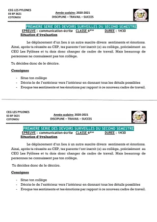 Première page de Français 6e, 5e, 4e, 3e, 3e ML, 2nde A & B, 2nde A1, 2nde A2, 2nde B, 2nde C, 2nde D, 1ère A1, 1ère A2, 1ère B, 1ère C, 1ère D, Tle A1, Tle A2, Tle B, Tle C, Tle D — 1er devoir surveillé, 2e semestre