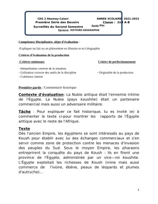 Première page de Histoire-Géographie 2nde A & B — 1er devoir surveillé, 2e semestre (2021-2022) · CEG2 ABOMEY - CALAVI (CEG ZOCA)