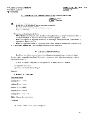 Première page de PCT 5e — Composition, 1er semestre (2019-2020) · CEG Ganvié