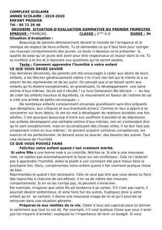 Première page de Français 2nde A2, 2nde D — Évaluation sommative, 1er trimestre (2019-2020) · CPEG ENFANT PRODIGE