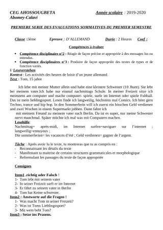 Première page de Allemand 3e ML — 1re évaluation sommative, 1er semestre (2019-2020) · CEG Ahossougbéta