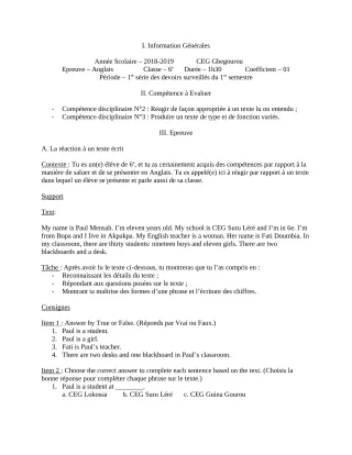 Première page de Anglais 6e, 5e, 4e, 4e ML, 3e, 3e ML — 1er devoir surveillé, 1er semestre (2018-2019) · CEG Gbegourou