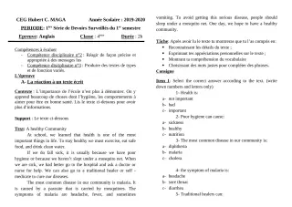 Première page de Anglais 4e, 4e ML — 1er devoir surveillé, 1er semestre (2019-2020) · CEG Hubert C. MAGA