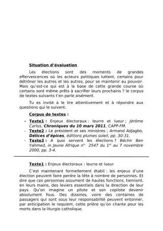 Première page de Devoir surveillé de FRANCAIS — Tle A2, Tle B, Tle D — CEG l'Océan (2019)