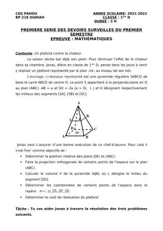 Première page de Mathématiques 1ère D — 1er devoir surveillé, 1er semestre (2021-2022) · CEG PAHOU