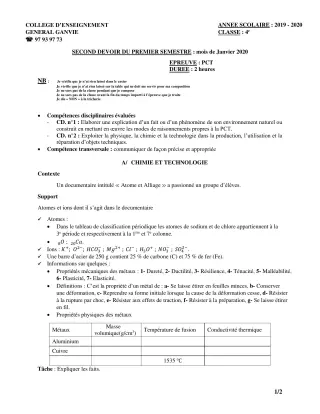 Première page de PCT 4e — Composition, 1er semestre (2019-2020) · CEG Ganvié
