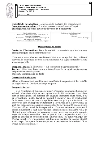 Première page de Philosophie Tle C, Tle D — 1er devoir surveillé, 1er semestre (2019-2020) · CEG 1 Akpakpa-Centre