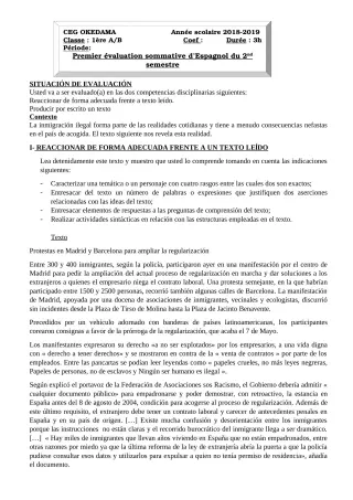 Première page de Espagnol 1ère A1, 1ère A2, 1ère B — 1re évaluation sommative, 2e semestre (2018-2019) · CEG OKEDAMA