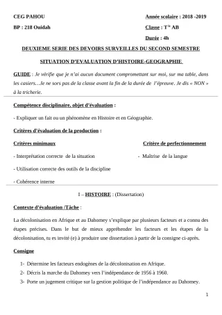 Première page de Histoire-Géographie Tle A1, Tle A2, Tle B — 2e devoir surveillé, 2e semestre (2018-2019) · CEG PAHOU