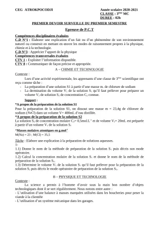 Première page de PCT 3e — 1er devoir surveillé, 1er semestre (2020-2021) · CEG ATROKPOCODJI