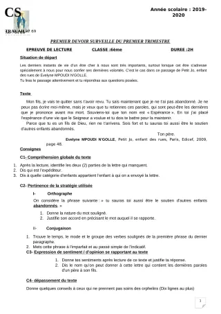 Première page de Français 6e — 1er devoir surveillé, 1er trimestre (2019-2020) · CPEG ROSAIRE