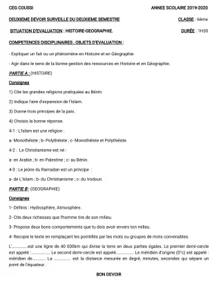 Première page de Histoire-Géographie 6e — 2e devoir surveillé, 2e semestre (2019-2020) · CEG COUSSI