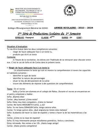 Première page de Espagnol 4e — 1re production scolaire, 1er semestre (2023-2024) · CEG GOHO