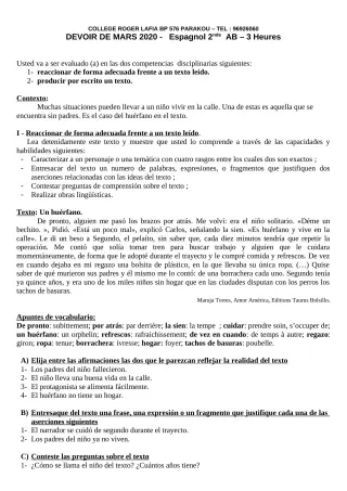 Première page de Espagnol 2nde A1, 2nde A2, 2nde B — Devoir surveillé (2019-2020) · CPEG Roger LAFIA