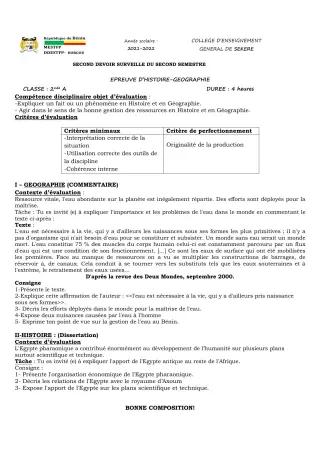 Première page de Histoire-Géographie 2nde A2 — 2e devoir surveillé, 2e semestre (2021-2022) · CEG SEKERE