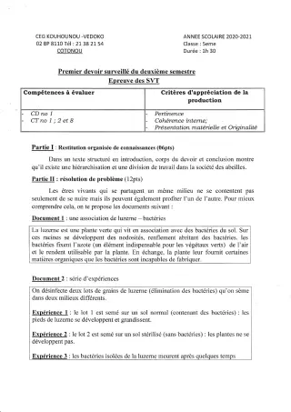 Première page de SVT 5e — 1er devoir surveillé, 2e semestre (2020-2021) · CEG Kouhounou-Vêdoko