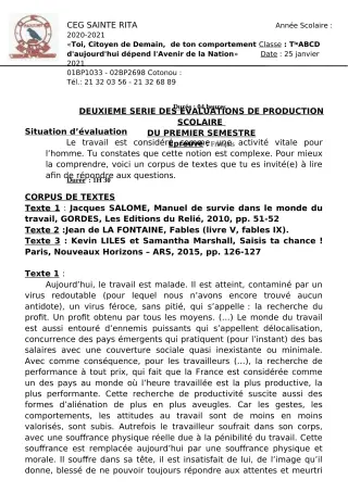 Première page de Français 6e, 5e, 4e, 3e, 3e ML, 2nde A2, 2nde B, 2nde C, 2nde D, 1ère A2, 1ère B, 1ère C, 1ère D, Tle A2, Tle B, Tle C, Tle D — Production scolaire, 1er semestre (2020-2021) · CEG Sainte Rita