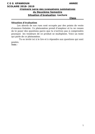 Première page de Français 3e ML — 1re évaluation sommative, 2e semestre (2018-2019) · CEG Kpanroun