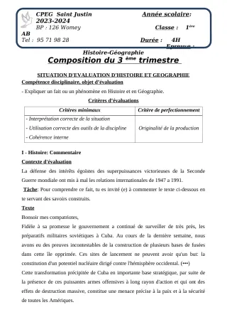 Première page de Histoire-Géographie 5e, 1ère A2, 1ère B, 1ère C, 1ère D — Composition, 3e trimestre (2023-2024) · CPEG SAINT Justin
