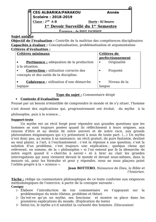 Première page de Philosophie 2nde A, 2nde B, 2nde C, 2nde D, 1ère A1, 1ère A2, 1ère B, 1ère C, 1ère D, Tle A1, Tle A2, Tle B, Tle C, Tle D — Devoir surveillé, 1er semestre (2018-2019) · CEG Albarika
