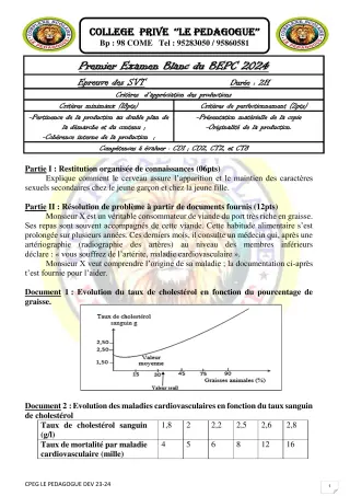 Première page de Examen Blanc de SVT — 3e — CPEG le PEDAGOGUE (2023)