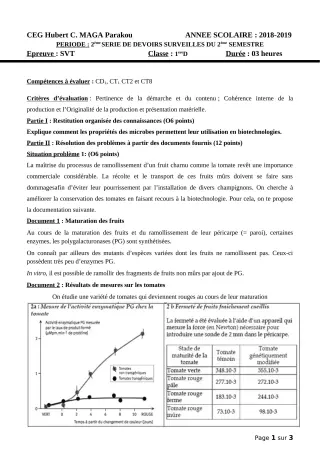 Première page de SVT 1ère D — Devoir surveillé, 2e semestre (2018-2019) · CEG Hubert C. MAGA