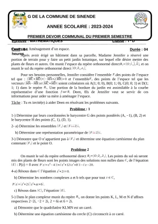 Première page de Mathématiques Tle D — 1er devoir surveillé, 1er semestre (2023-2024) · CEG SEKERE