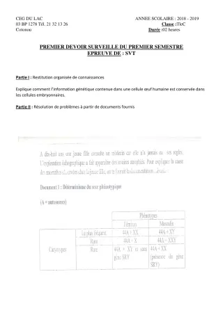 Première page de SVT 6e — 1er devoir surveillé, 1er semestre (2018-2019) · CEG du Lac