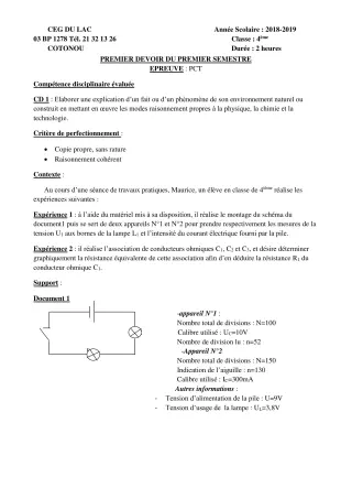 Première page de PCT 4e — 1er devoir surveillé, 1er semestre (2018-2019) · CEG du Lac