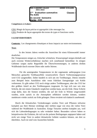 Première page de Allemand Tle A1 — 1re évaluation sommative, 2e semestre (2021-2022) · CEG2 ABOMEY - CALAVI (CEG ZOCA)