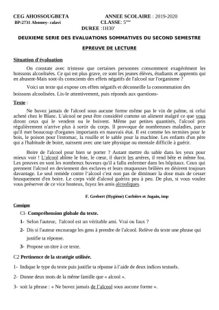 Première page de Français 5e — 2e évaluation sommative, 2e semestre (2019-2020) · CEG Ahossougbéta