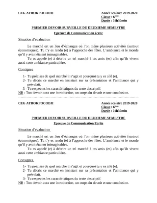 Première page de Français 6e — 1er devoir surveillé, 2e semestre (2019-2020) · CEG ATROKPOCODJI