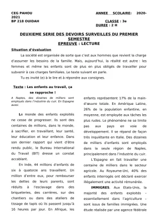 Première page de Français 3e, 3e ML — 2e devoir surveillé, 1er semestre (2020-2021) · CEG PAHOU