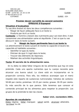 Première page de Espagnol 4e — 1er devoir surveillé, 2e semestre (2020-2021) · CEG du Lac