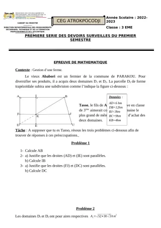 Première page de Mathématiques 3e — 1er devoir surveillé, 1er semestre (2022-2023) · CEG ATROKPOCODJI
