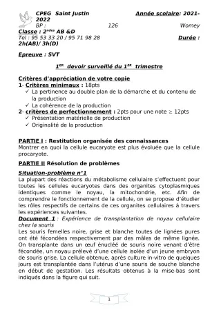Première page de SVT 2nde A2, 2nde B, 2nde C, 2nde D, Tle D — 1er devoir surveillé, 1er trimestre (2021-2022) · CPEG SAINT Justin