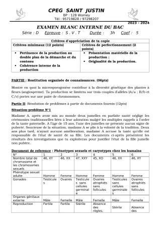 Première page de Devoir surveillé de SVT — Tle D — CPEG SAINT Justin (2023)