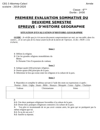 Première page de Histoire-Géographie 6e, 5e, 4e, 4e ML, 3e, 3e ML — 1re évaluation sommative, 2e semestre (2019-2020) · CEG3 ABOMEY CALAVI