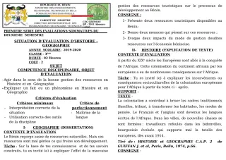 Première page de Histoire-Géographie 3e, 3e ML — 1re évaluation sommative, 2e semestre (2019-2020) · CEG GBESSOU