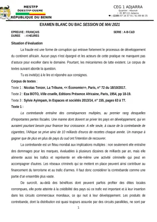 Première page de Examen Blanc de FRANCAIS — Tle A1, Tle A2, Tle B, Tle C, Tle D — CEG1 Adjarra (2020)