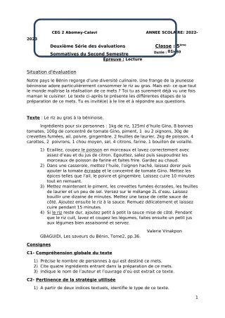 Première page de Français 5e — 2e évaluation sommative, 2e semestre (2022-2023) · CEG2 ABOMEY - CALAVI (CEG ZOCA)